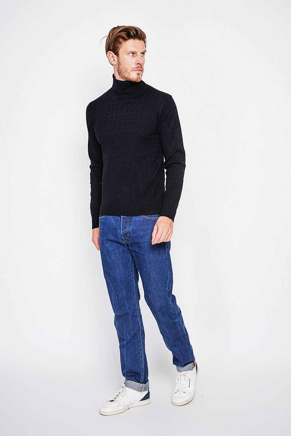 Pull Col Roulé Torsadé – Noir – Homme