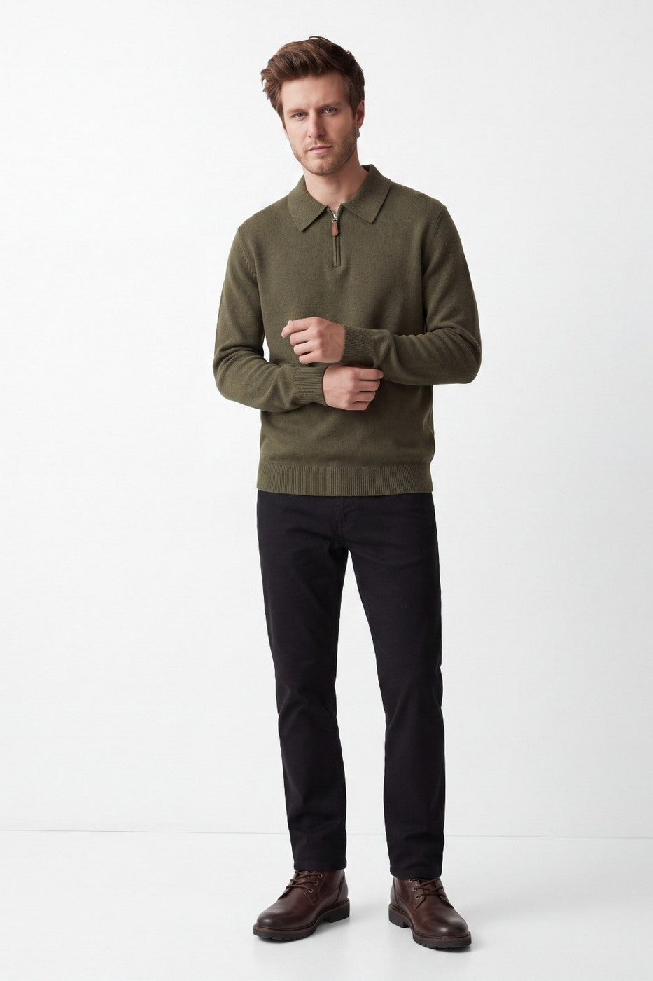 Pull Camionneur Demi-Zippé – Kaki – Homme