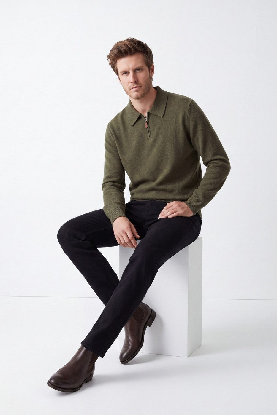 Pull Camionneur Demi-Zippé – Kaki – Homme
