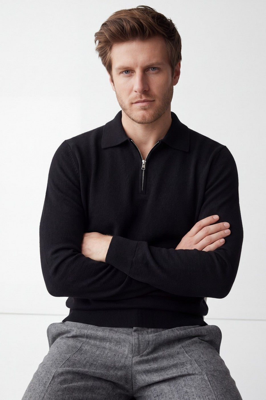Pull Camionneur Demi-Zippé – Noir – Homme