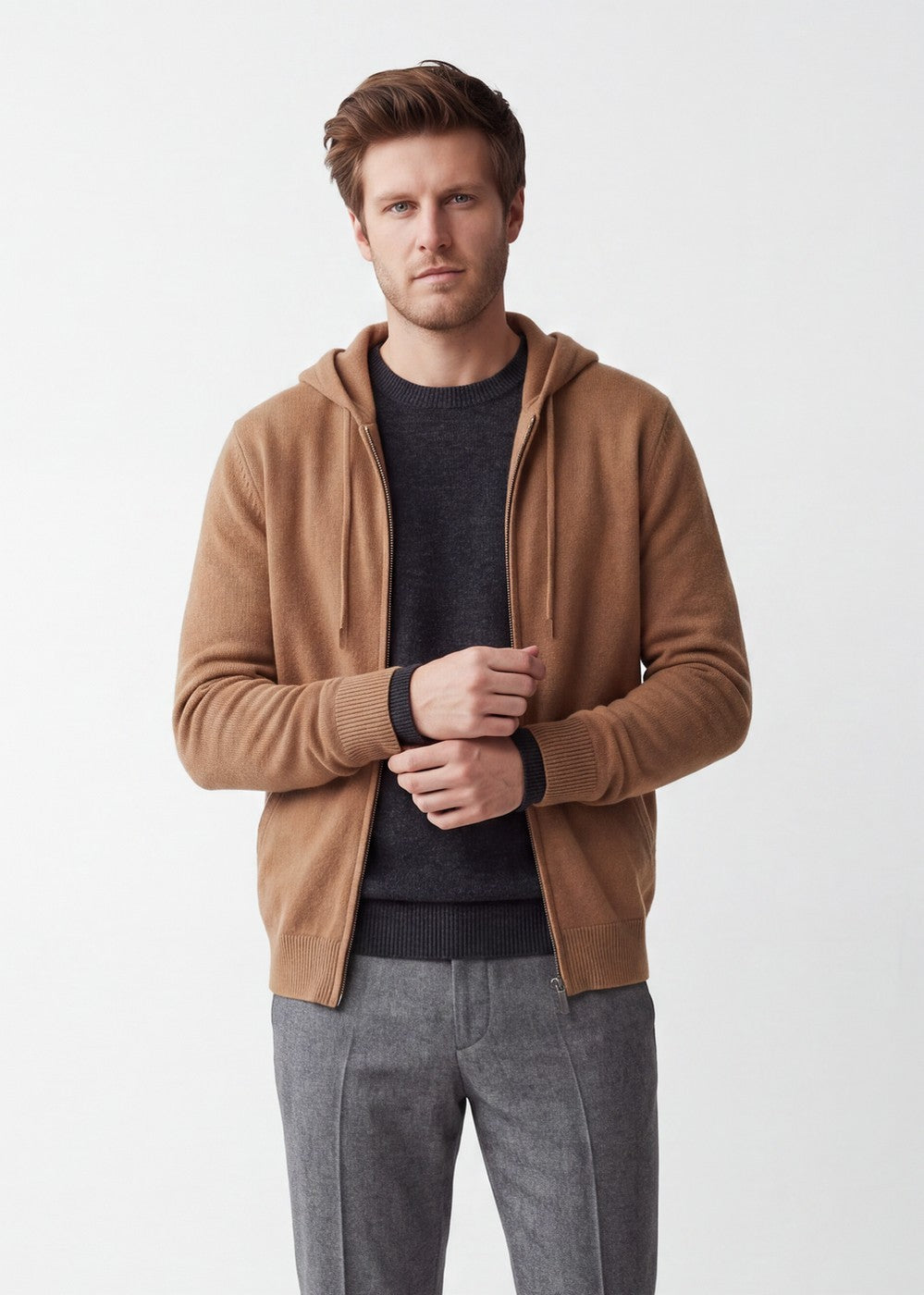 Gilet Zippé À Capuche – Camel – Homme