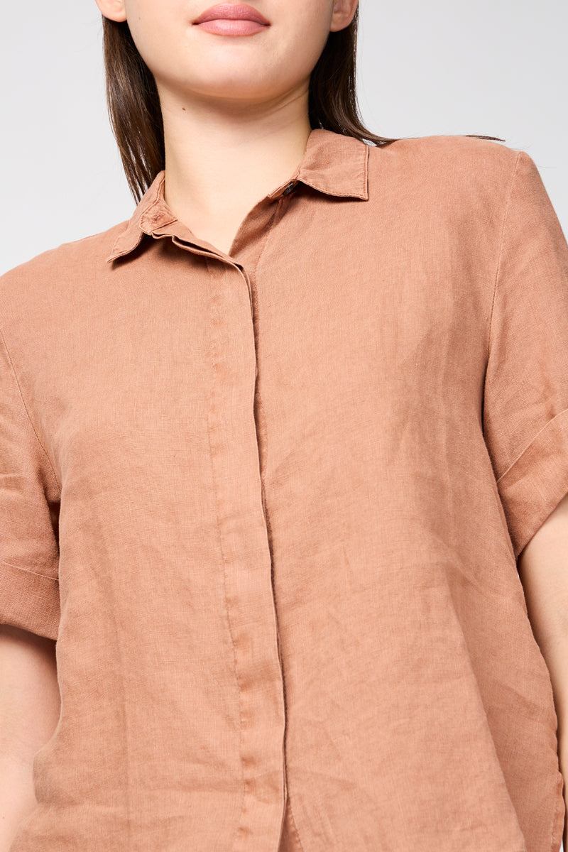 Chemise En Lin À Manches Courtes - Pigment Noix De Muscade - Femme