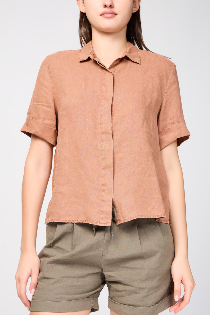 Chemise En Lin À Manches Courtes - Pigment Noix De Muscade - Femme