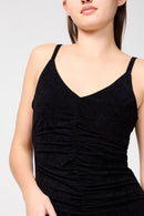 Vestido de tirantes de terciopelo fruncido - Negro - Mujer