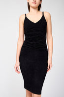 Vestido de tirantes de terciopelo fruncido - Negro - Mujer
