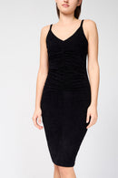 Vestido de tirantes de terciopelo fruncido - Negro - Mujer