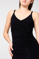 Vestido de tirantes de terciopelo fruncido - Negro - Mujer