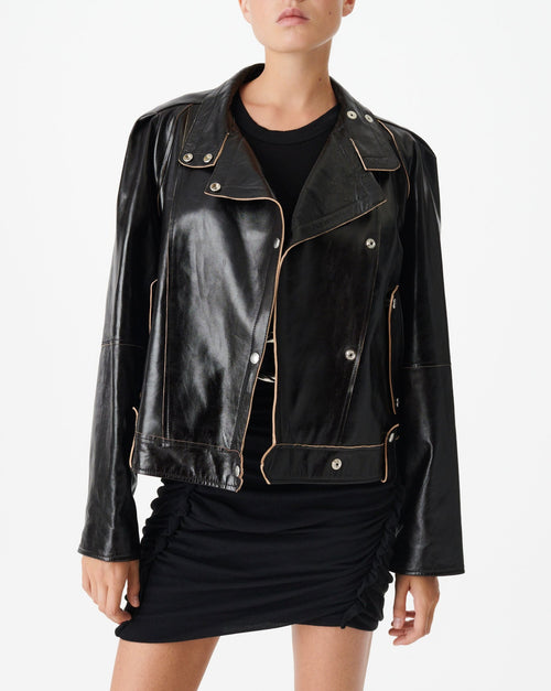 Shona Leather High Collar Jacket - Black - Woman