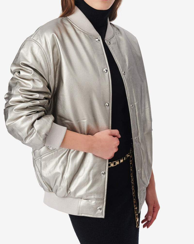 Bomber Oversize En Cuir Morel - Golden Brown