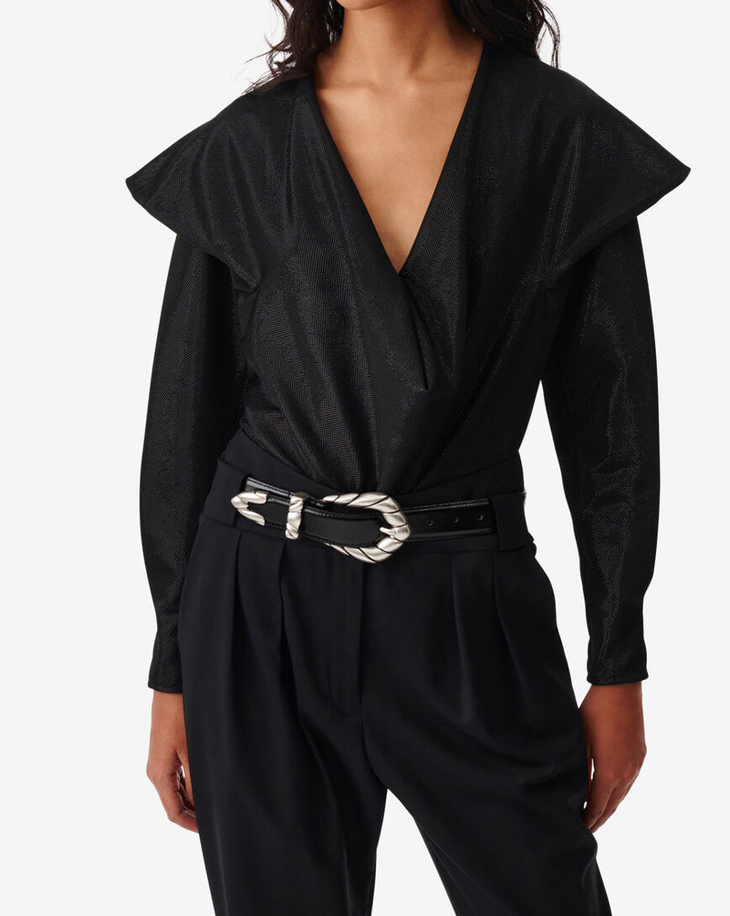 Top Marissa con cuello en V y volantes - Negro brillante