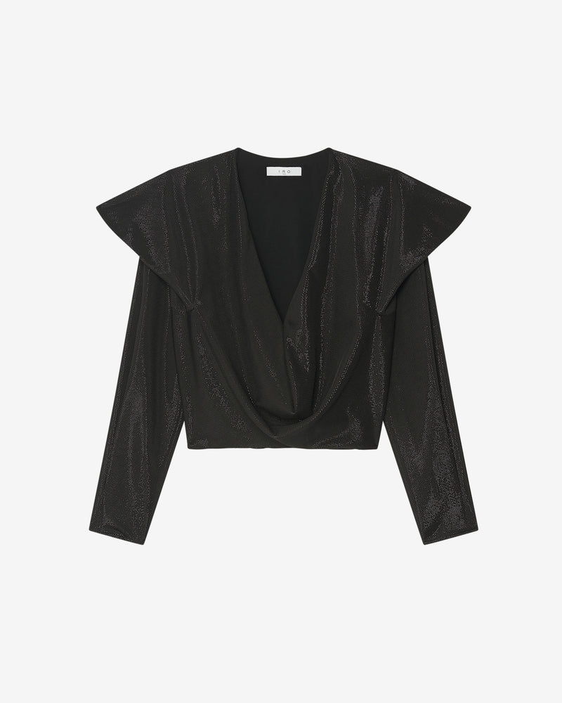 Top Marissa con cuello en V y volantes - Negro brillante