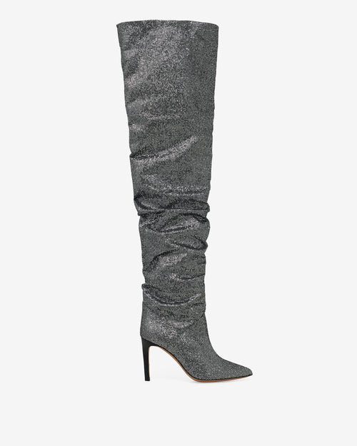 Botas por encima de la rodilla con tacón y purpurina Eva - Negro/Plata