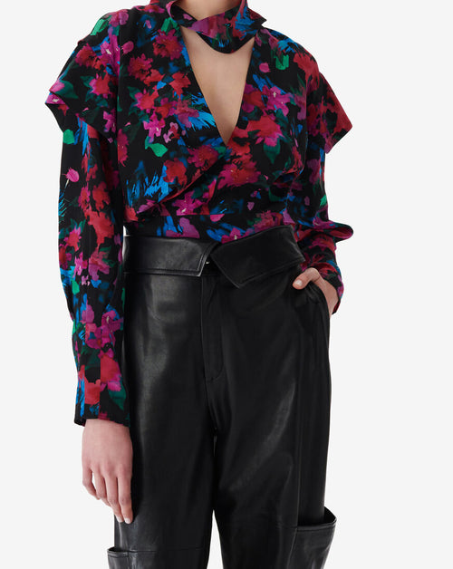 Top Imprimé En Soie Col V Martina - Black Multico