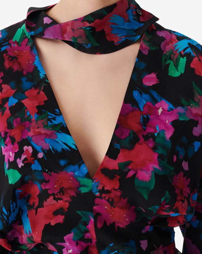 Top Imprimé En Soie Col V Martina - Black Multico