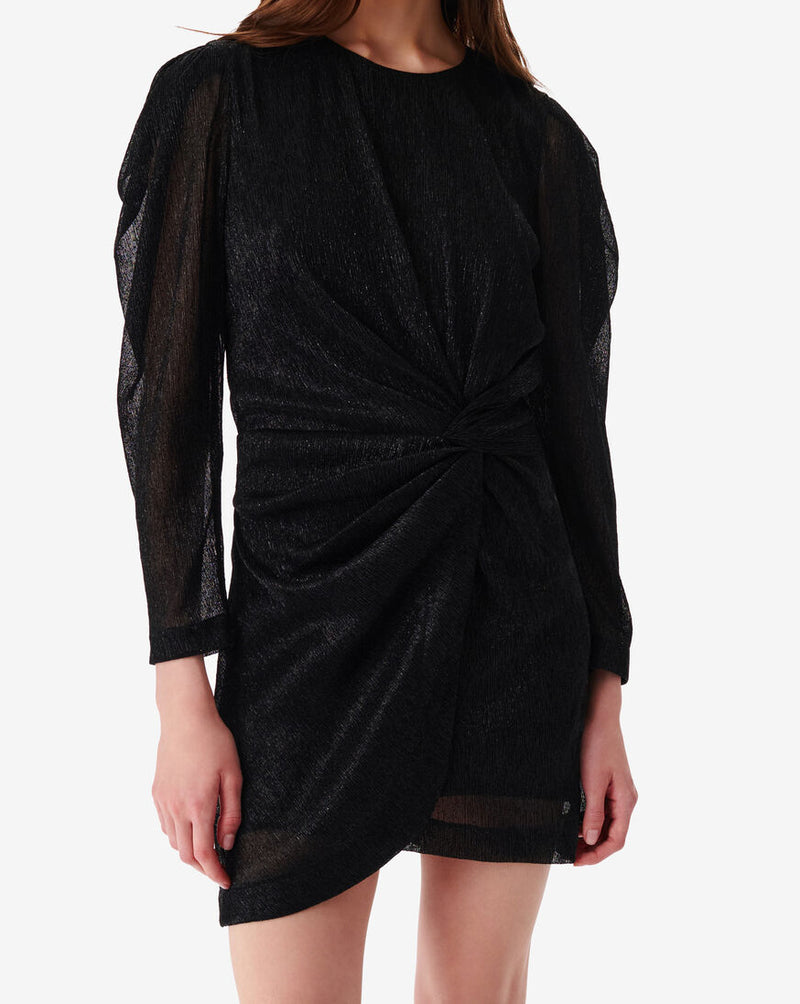 Nowen Vestido corto drapeado con cuello redondo - Negro Metálico