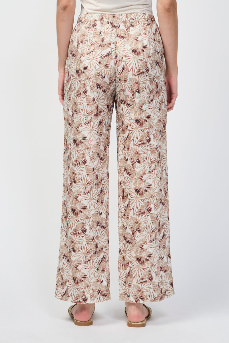 Pantalon Large En Lin Et Feuilles De Palmier - Noix De Muscade - Femme