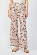 Pantalon Large En Lin Et Feuilles De Palmier - Noix De Muscade - Femme