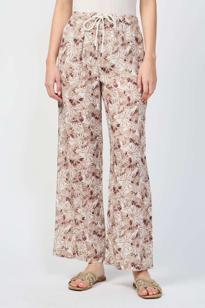Pantalon Large En Lin Et Feuilles De Palmier - Noix De Muscade - Femme