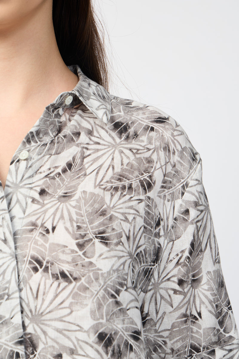 Camisa de Lino de Manga Corta con Estampado de Hojas de Palmera - Carbón - Mujer