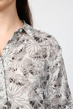 Camisa de Lino de Manga Corta con Estampado de Hojas de Palmera - Carbón - Mujer
