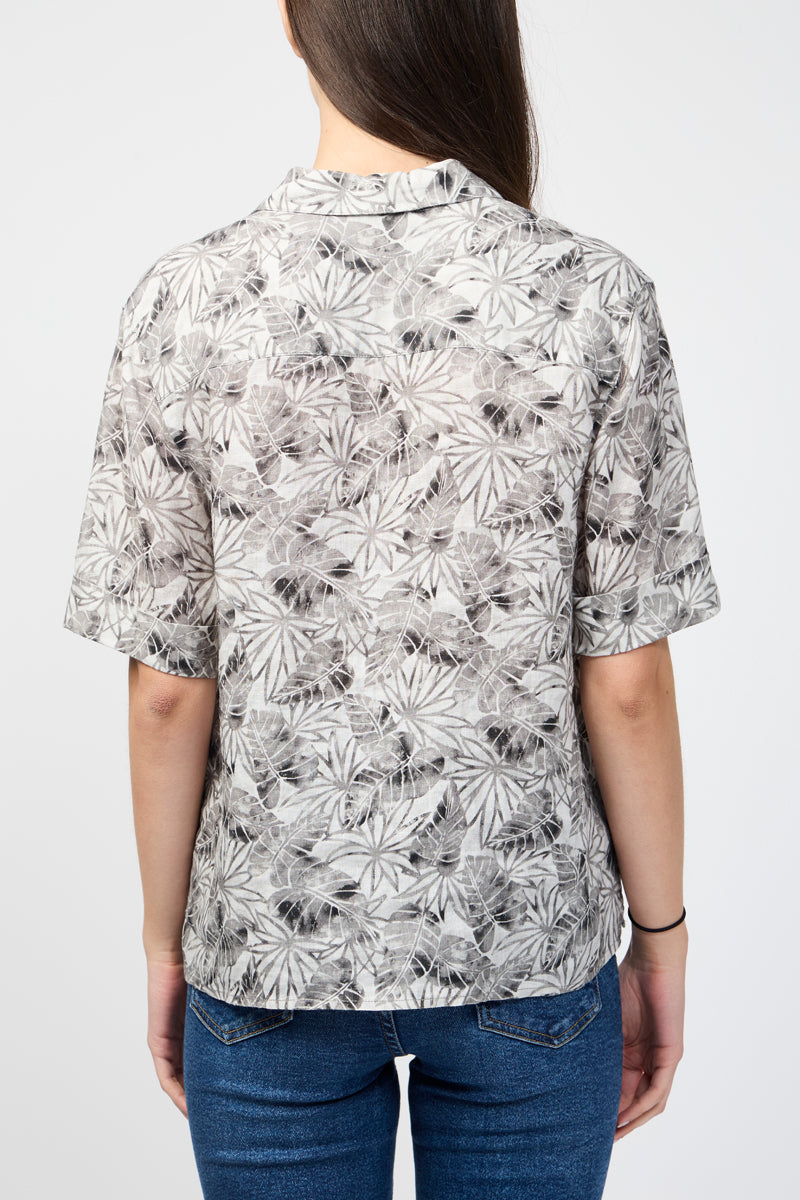 Camisa de Lino de Manga Corta con Estampado de Hojas de Palmera - Carbón - Mujer