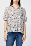 Camisa de Lino de Manga Corta con Estampado de Hojas de Palmera - Carbón - Mujer