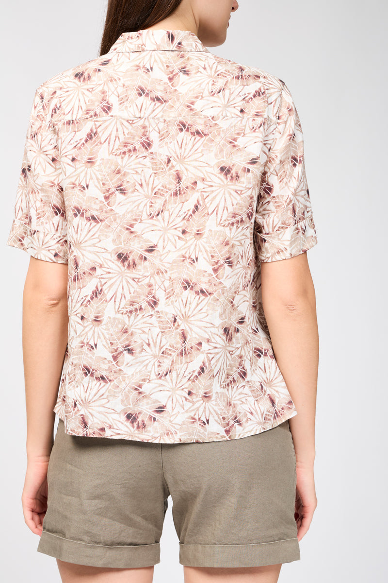 Camisa de Lino de Manga Corta con Estampado de Hojas de Palmera - Nuez Moscada - Mujer