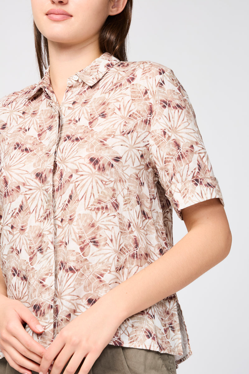 Camisa de Lino de Manga Corta con Estampado de Hojas de Palmera - Nuez Moscada - Mujer