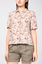 Camisa de Lino de Manga Corta con Estampado de Hojas de Palmera - Nuez Moscada - Mujer