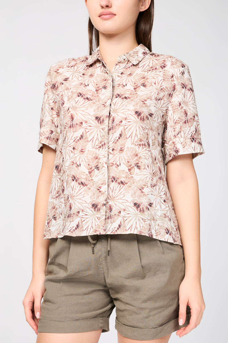 Camisa de Lino de Manga Corta con Estampado de Hojas de Palmera - Nuez Moscada - Mujer