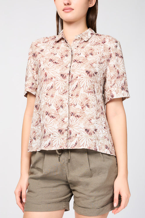 Camisa De Lino De Manga Corta Con Estampado De Hojas De Palmera - Nuez Moscada - Mujer