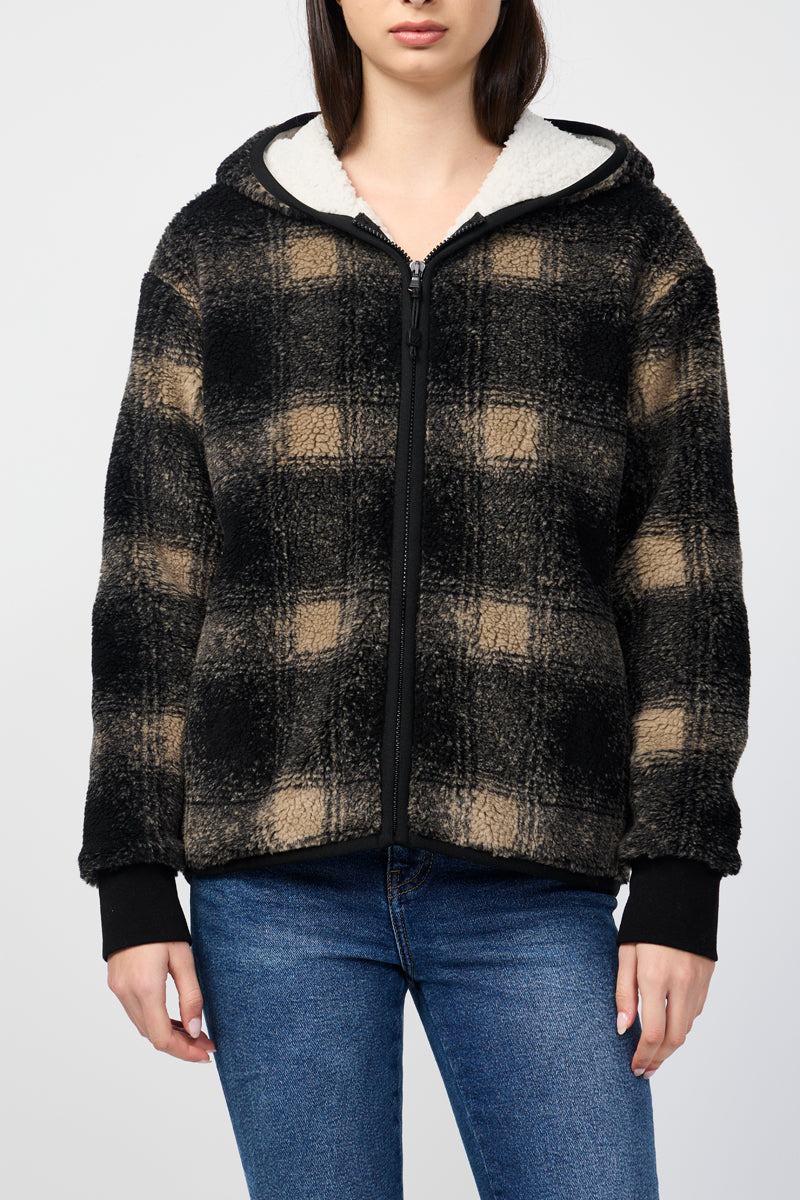 Veste Polaire Doublée Sherpa À Capuche - Toast/Black Plaid - Femme