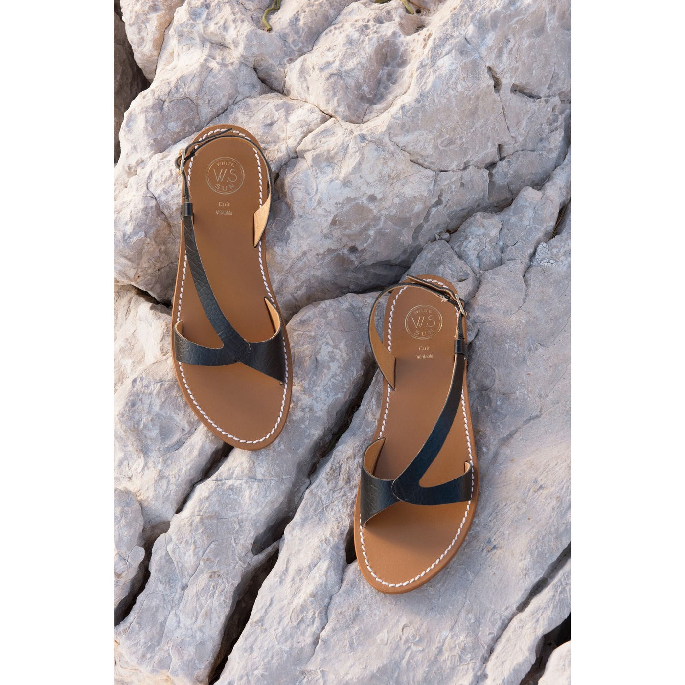 White Sun - Clairvistone Sandals - Black Croco Print Goat - Black Croco