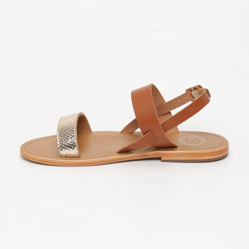 Sol Blanco - Sandalias Bursa - Lámina De Serpiente Dorada - Dorado+Marrón