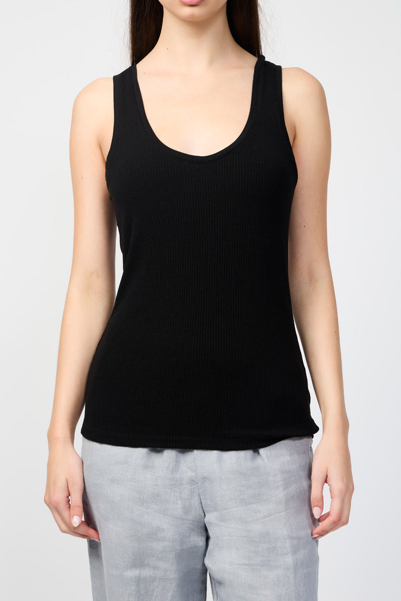 Camiseta sin mangas de cachemira Tencel con cuello redondo - Negro - Mujer
