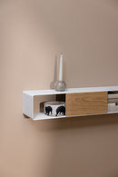 Hängekonsole SION an einer Wand, diseño minimalista con Holzschublade und Decoración.