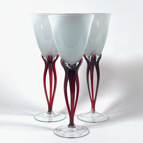 Ensemble De 3 Verres À Poisson Blanc Et Rouge - Verre Soufflé De Murano Des Années 1980 - Pièce Vintage