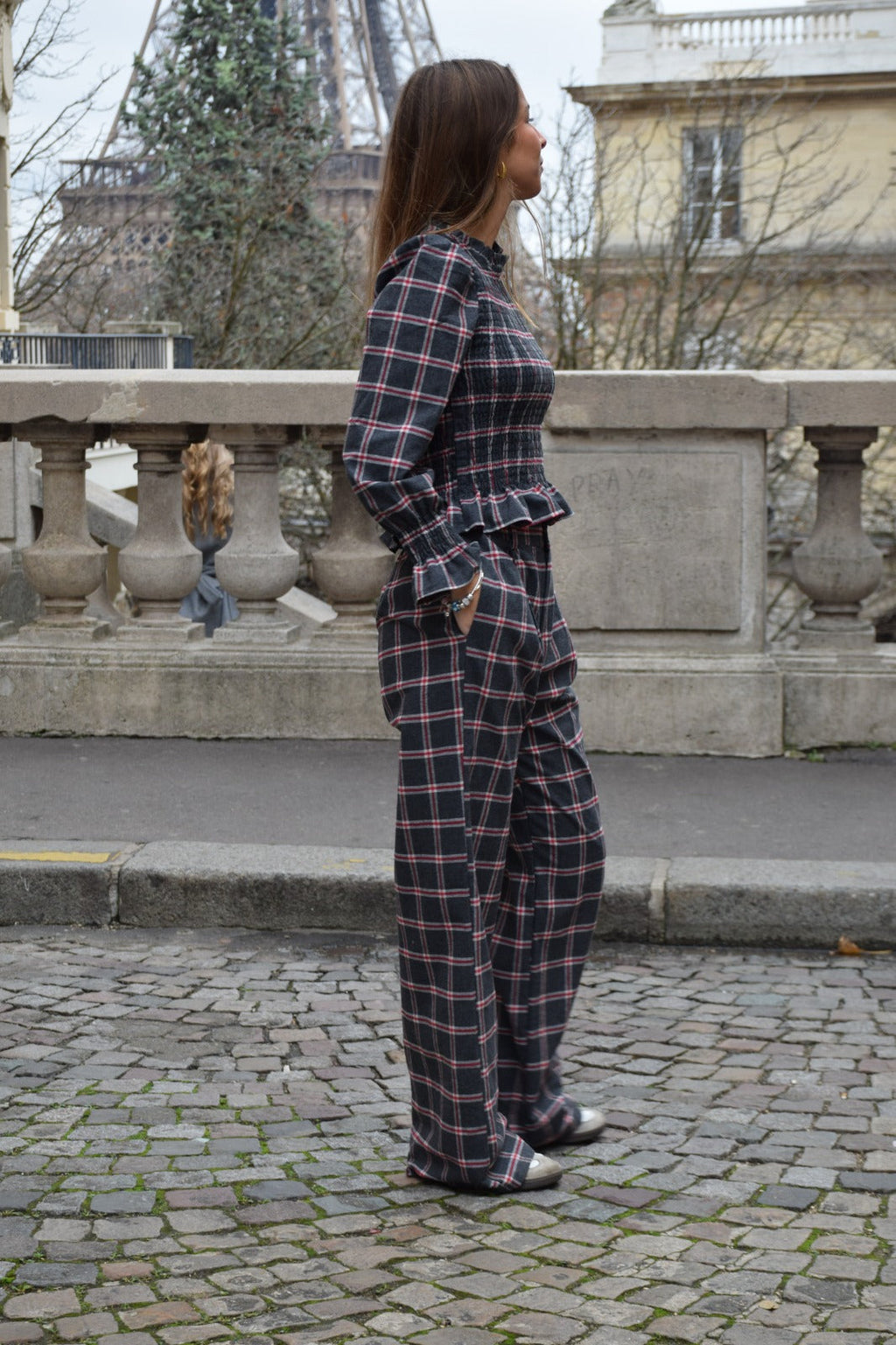 Pantalón Alia Cuadros Gris Y Rojo