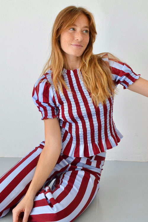 Blouse Chía Rayas Burgundy y Bleu Clair Manga Corta