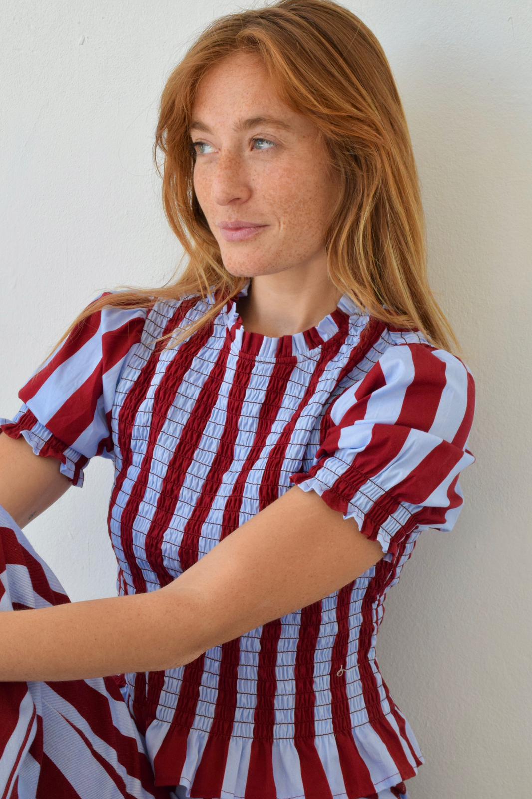Blouse Chía Rayas Burgundy and Light Blue Manga Corta