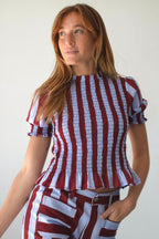 Blouse Chía Rayas Burgundy and Light Blue Manga Corta