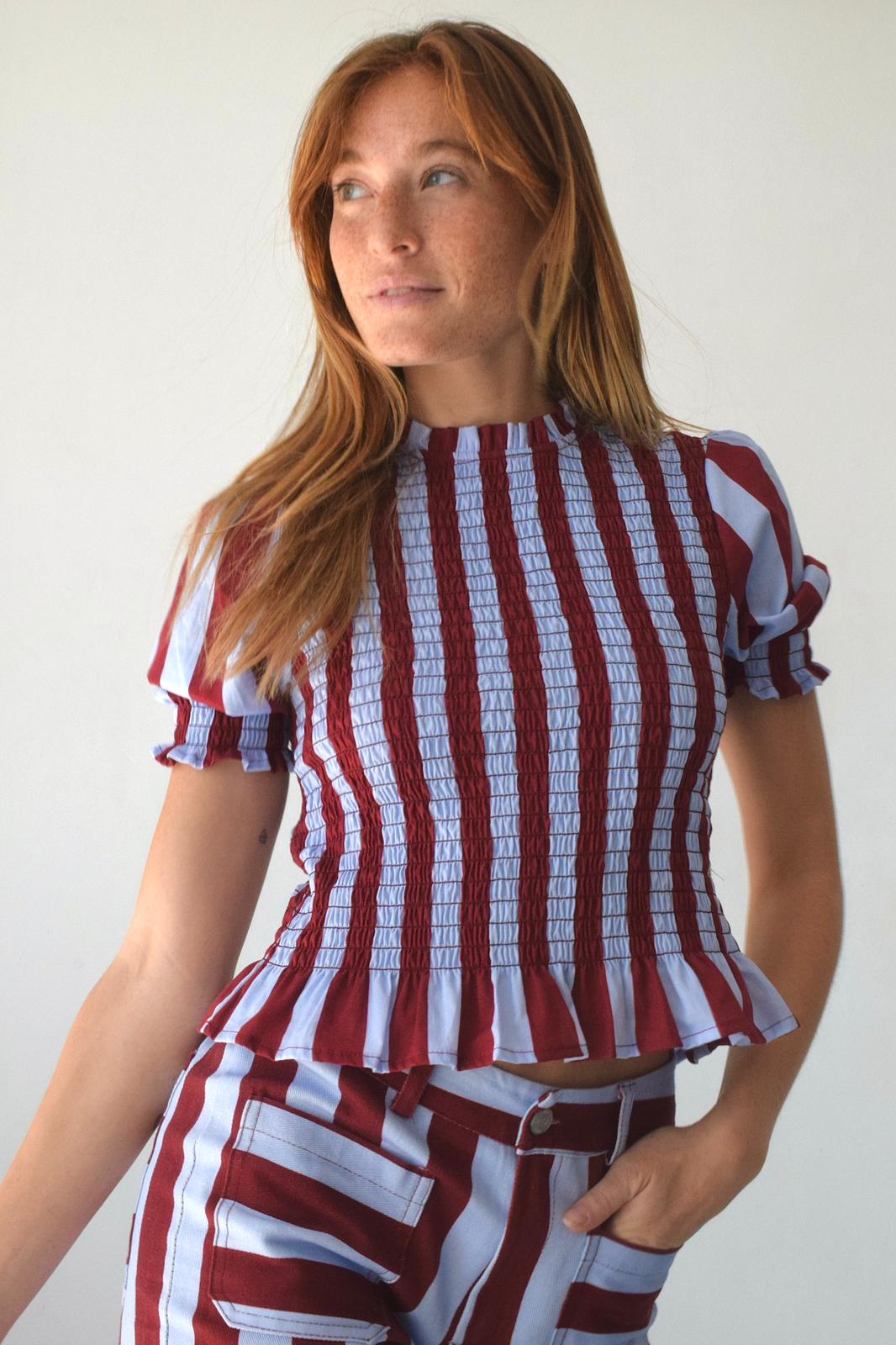 Blouse Chía Rayas Burgundy and Light Blue Manga Corta