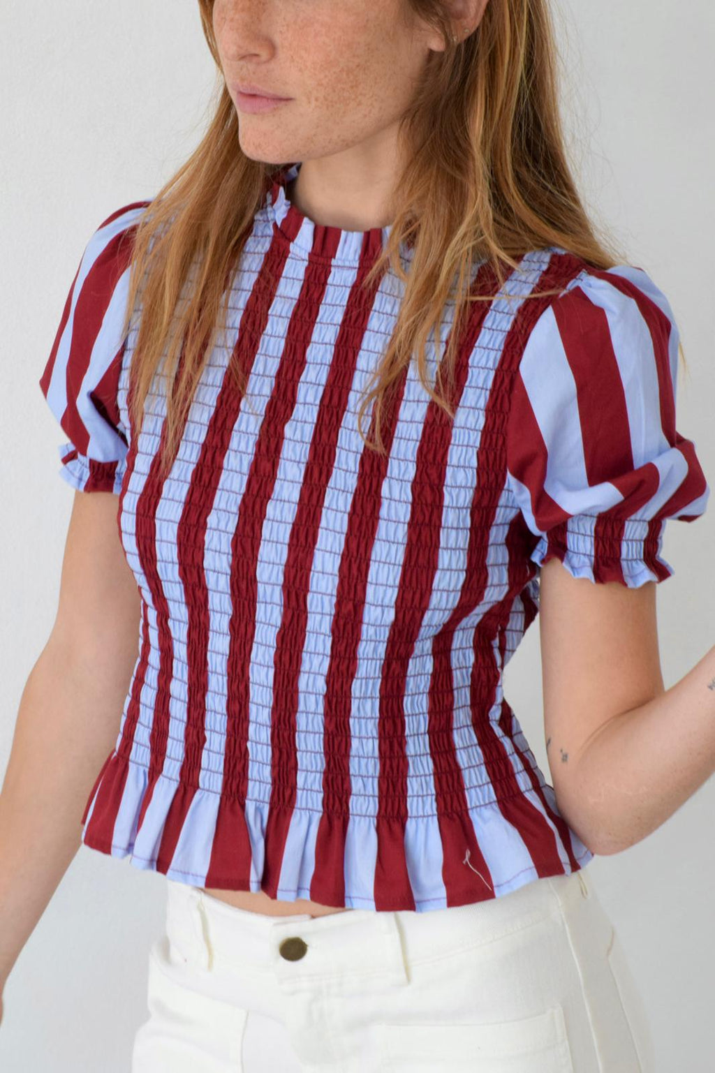 Blouse Chía Rayas Burgundy and Light Blue Manga Corta