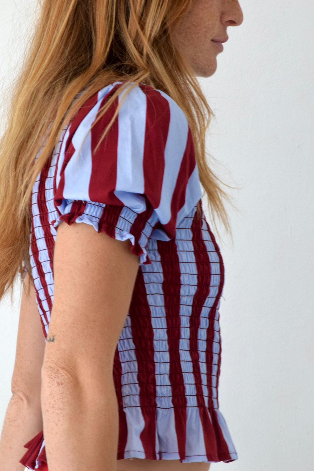Blouse Chía Rayas Burgundy and Light Blue Manga Corta