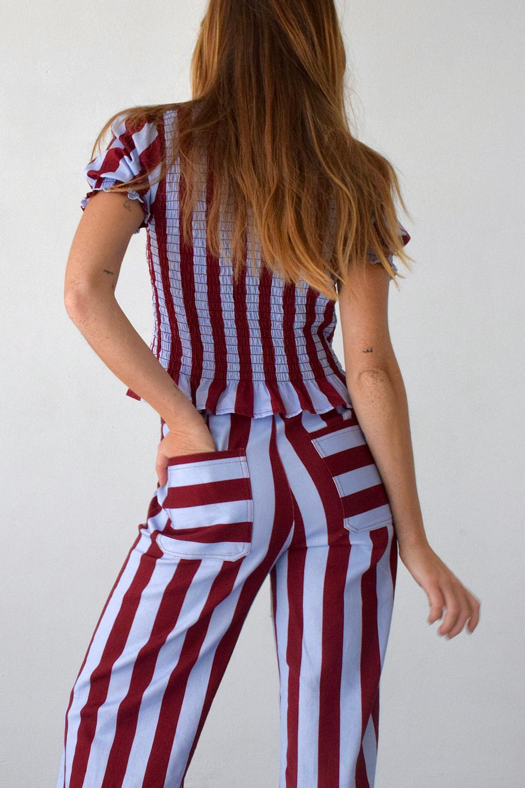 Blouse Chía Rayas Burgundy and Light Blue Manga Corta