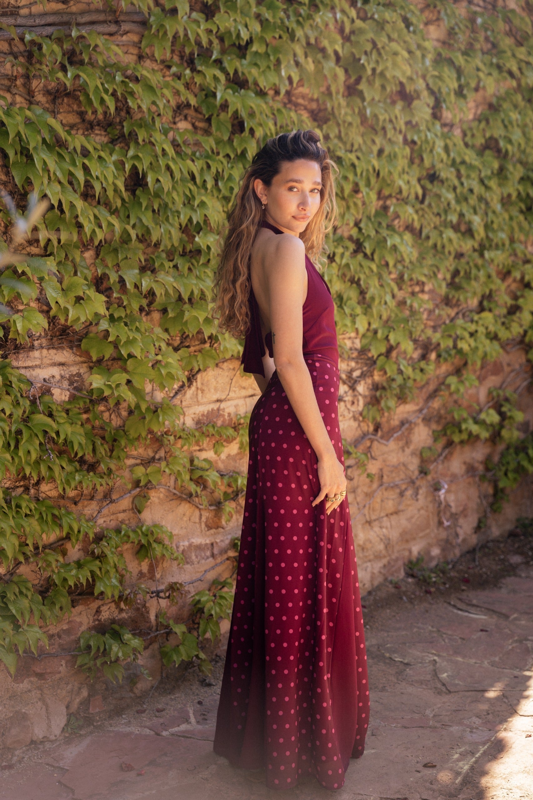 Vestido Kala Topos Burdeos