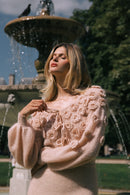 Mohair Blend Crochet Top with Floral Lace-Up Detail - Rose Beige