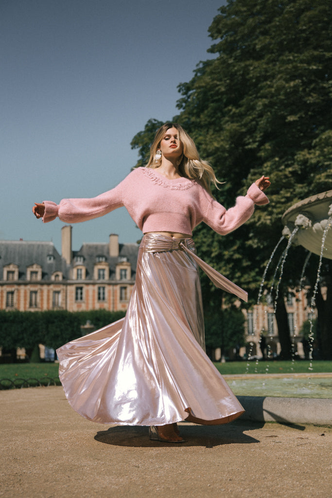 Gonna lunga in lamé stretch con godet - Oro rosa