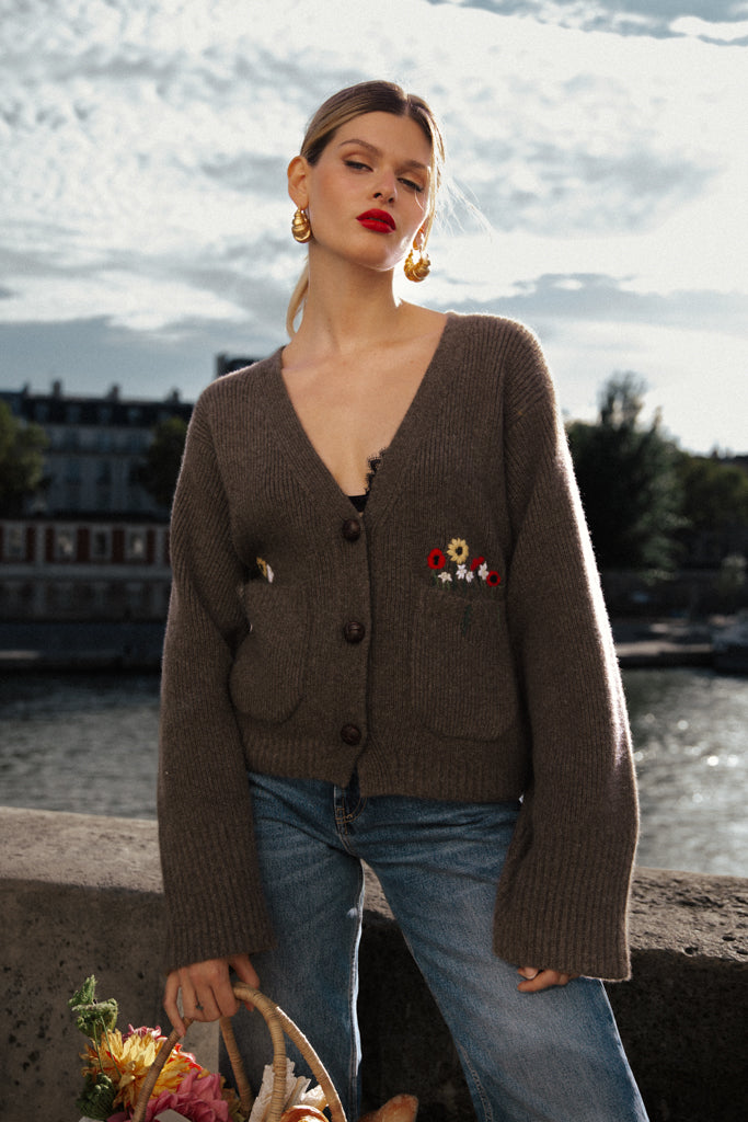 Cardigan in puro cashmere con ricamo - Grigio scuro