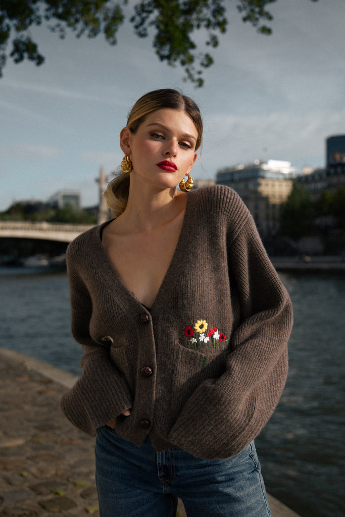 Cardigan in puro cashmere con ricamo - Grigio scuro